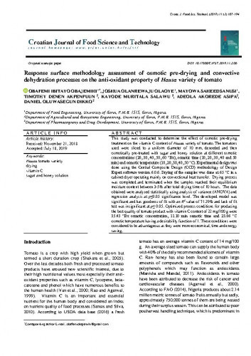 Response surface methodology assessment of osmotic pre-drying and convective dehydration processes on the anti-oxidant property of Hausa variety of tomato / Obafemi Ibitayo Obajemihi, Joshua Olanrewaju Olaoye, Mayowa Saheed Sanusi, Timothy Denen Akpenpuun, Kayode Muritala Salawu, Adeola Akorede Asipa, Daniel Oluwasegun Dikko.