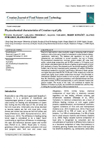 Physicochemical characteristics of Croatian royal jelly / Ivana Flanjak, Ljiljana Primorac, Ilijana Vukadin, Marin Kovačić, Zlatko Puškadija, Blanka Bilić Rajs.