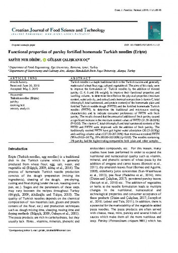 Functional properties of parsley fortified homemade Turkish noodles (Erişte) / Safiye Nur Dirim, Gülşah Çalişkan Koç.