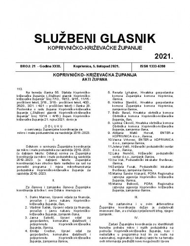 Službeni glasnik Koprivničko-križevačke županije : 29,21(2021) / glavni i odgovorni urednik Ljubica Belobrk Flamaceta.