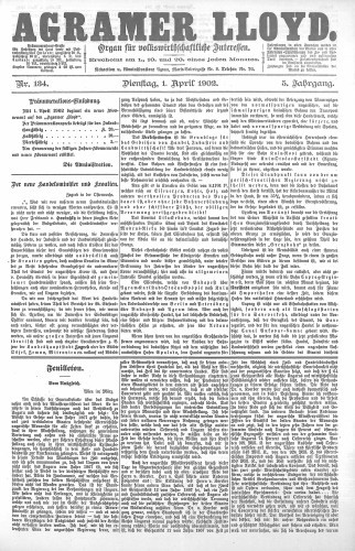 Agramer Lloyd  : organ für volkswirtschaftliche Interessen : 5,134(1902) / verantwortlicher Redacteur E. L. Blau.