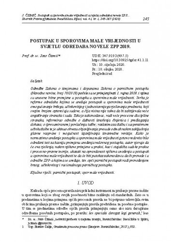 Postupak u sporovima male vrijednosti u svjetlu odredaba Novele ZPP 2019. / Jozo Čizmić.