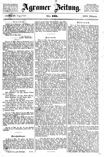 Agramer Zeitung : 26,108(1851) / für die Redaktion verantwortlich Ivan Sonvan