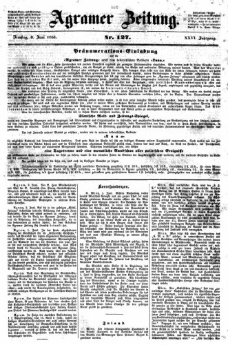 Agramer Zeitung : 26,127(1851) / für die Redaktion verantwortlich Ivan Sonvan