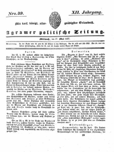 Agramer politische Zeitung : 12,39(1837) / Verlager und Redacteur Franz Stauduar und Ferd. Rosenau.