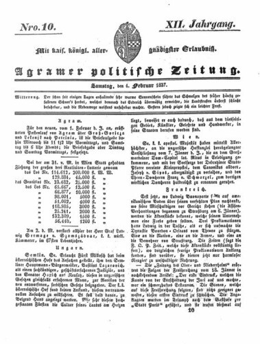 Agramer politische Zeitung : 12,10(1837) / Verlager und Redacteur Franz Stauduar und Ferd. Rosenau.
