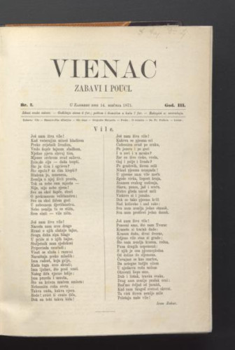 Vienac : zabavi i pouci. : 3,2(1871) / urednici Ivan Perkovac i Ivan Dežman.