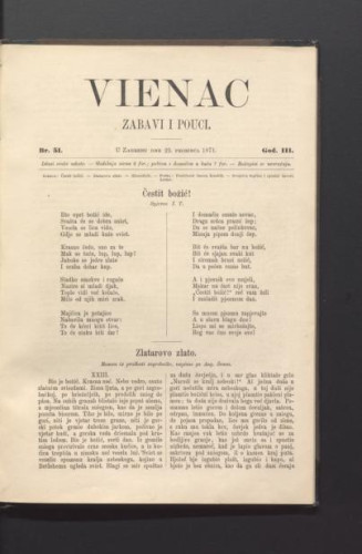 Vienac : zabavi i pouci. : 3,51(1871) / urednik Ivan Dežman.