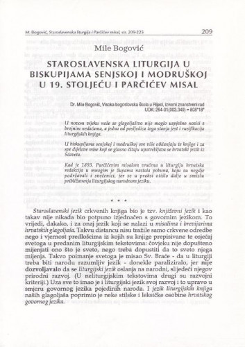 Staroslavenska liturgija u biskupijama Senjskoj i Modruškoj u 19. stoljeću i Parčićev misal /Mile Bogović