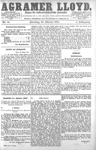 Agramer Lloyd  : organ für volkswirtschaftliche Interessen : 4,91(1901) / verantwortlicher Redacteur E. L. Blau.