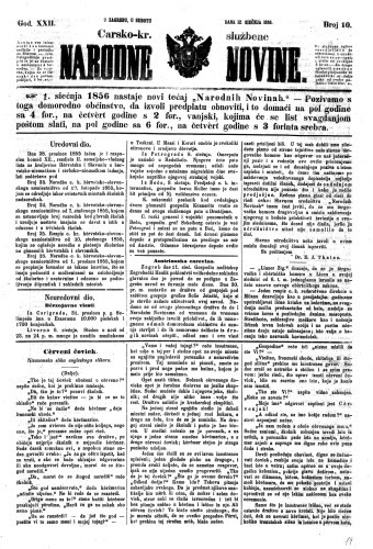 Carsko-kr. službene narodne novine : 22,10(1856) / privremeni učrednik Dr. Demeter.