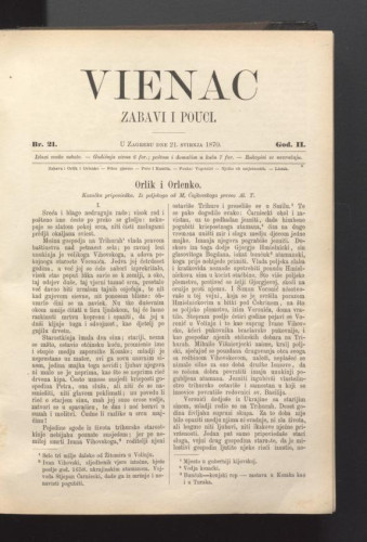 Vienac : zabavi i pouci. : 2,21(1870) / urednik Ivan Perkovac.