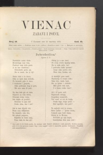Vienac : zabavi i pouci. : 2,16(1870) / urednik Ivan Perkovac.