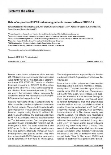 Rate of re-positive RT-PCR test among patients recovered from COVID-19 / Parham Habibzadeh, Mohammad M. Sajadi, Amir Emami, Mohammad Hossein Karimi, Mahboobeh Yadollahie, Maryam Kucheki, Sahar Akbarpoor, Farrokh Habibzadeh.