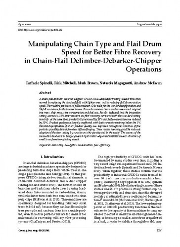 Manipulating chain type and flail drum speed for better fibre recovery in chain-flail delimber-debarker-chipper operations / Raffaele Spinelli, Rick Mitchell, Mark Brown, Natascia Magagnotti, Andrew McEwan.