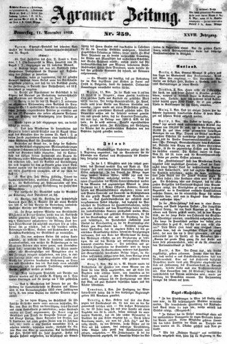 Agramer Zeitung : 27,259(1852) / Redakteur und Verlager F. S. Stauduar.