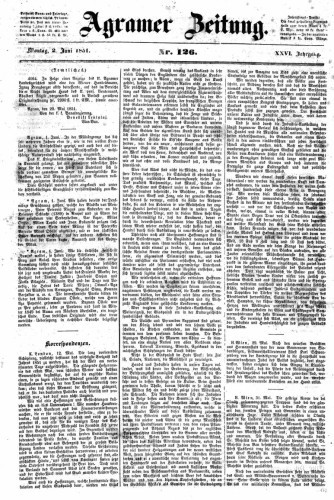 Agramer Zeitung : 26,126(1851) / für die Redaktion verantwortlich Ivan Sonvan