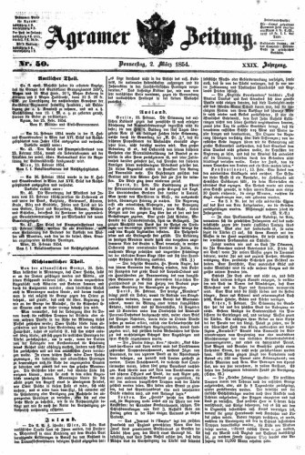 Agramer Zeitung : 29,50(1854) / für die Redaktion verantwortlich Ivan Sonvan. 