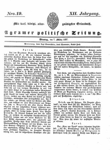 Agramer politische Zeitung : 12,19(1837) / Verlager und Redacteur Franz Stauduar und Ferd. Rosenau.