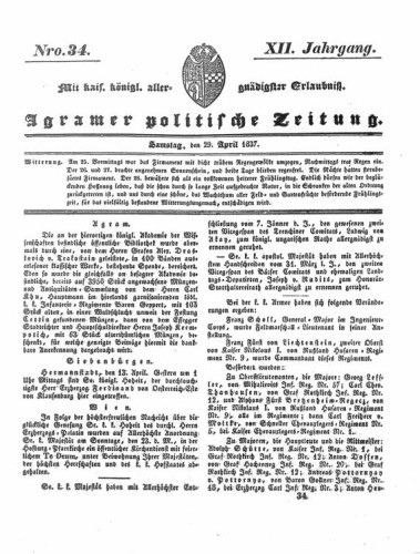Agramer politische Zeitung : 12,34(1837) / Verlager und Redacteur Franz Stauduar und Ferd. Rosenau.
