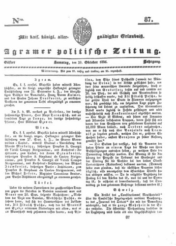 Agramer politische Zeitung : 11,87(1836) / Verlager und Redacteur Franz Stauduar und Ferd. Rosenau.