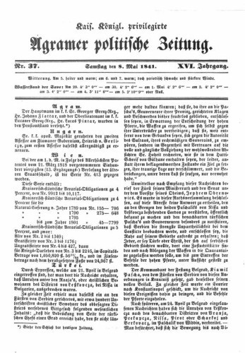 Agramer politische Zeitung : 16,37(1841) / Verlager und Redacteur Franz Stauduar und Ferdinand Rosenau.