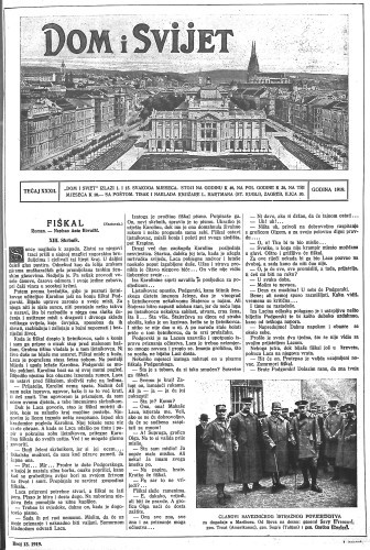 Dom i sviet  : ilustrovani list za zabavu, pouku i viesti dnevnih dogadjaja, javnom i društvenom životu, umjetnosti i znanosti, trgovini, obrtu, glazbi i kazalištu : 32,13(1919) / urednik Rudolf Kugli.