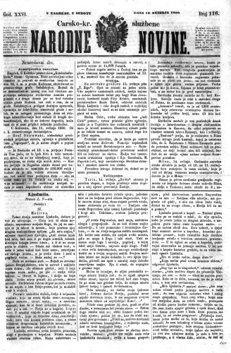 Carsko-kr. službene narodne novine : 26,116(1860)  / odgovorni učrednik Dr. Demeter.