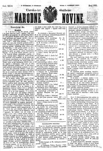 Carsko-kr. službene narodne novine : 26,101(1860)  / odgovorni učrednik Dr. Demeter.
