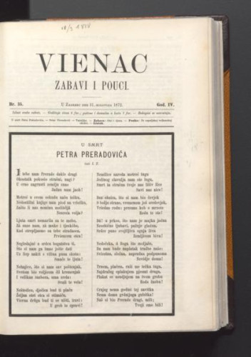 Vienac : zabavi i pouci. : 4,35(1872) / urednik Franjo Marković.