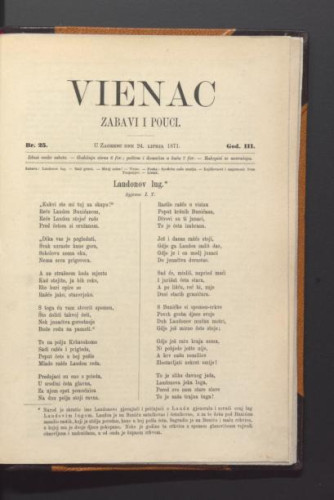 Vienac : zabavi i pouci. : 3,25(1871) / urednik Ivan Dežman.