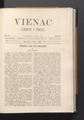 Vienac : zabavi i pouci. : 4,13(1872) / urednici Ivan Dežman i Franjo Marković.