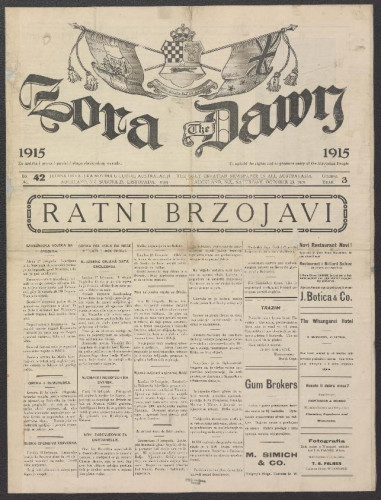 Zora : jedina hrvatska novina u cijeloj Australaziji = The Dawn : the only Croatian newspaper in all Australasia : 3, 42(1915).