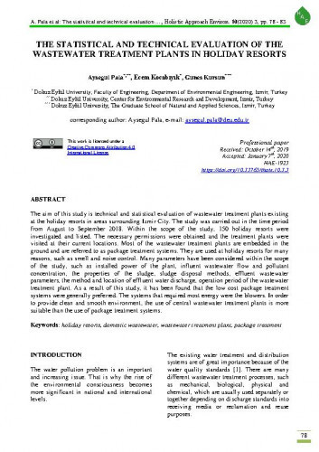 The statistical and technical evaluation of the wastewater treatment plants in holiday resorts / Aysegul Pala, Ecem Kocabıyık, Gunes Kursun.
