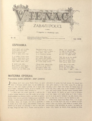 Vienac : zabavi i pouci. : 32,46(1900) / uredjuje Gjuro Arnold.