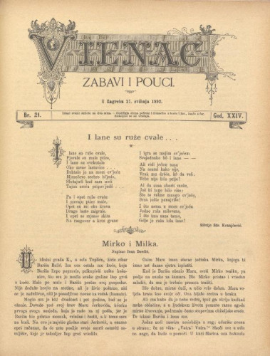 Vienac : zabavi i pouci. : 24,21(1892) / uredjuju V. Klaić i M. Maravić.