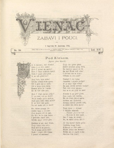 Vienac : zabavi i pouci. : 14,34(1882) / urednik Fran Folnegović.