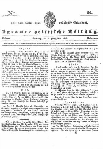 Agramer politische Zeitung : 10,96(1835) / Verlager und Redacteur Franz Stauduar und Ferd. Rosenau.