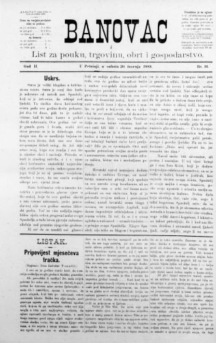 Banovac  : list za pouku, trgovinu, obrt i gospodarstvo : 2,16(1889) / odgovorni urednik Gjuro Kostinčer.