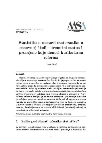 Statistika u nastavi matematike u osnovnoj školi : trenutni status i promjene koje donosi kurikularna reforma / Ivan Nađ.