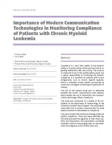 Importance of modern communication technologies in monitoring compliance of patients with chronic myeloid leukemia / Nikolina Matić, Ivica Matić.