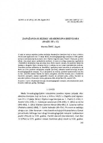 Zapažanja o jeziku Akademijina brevijara : (HAZU III c 12) / Marinka Šimić.