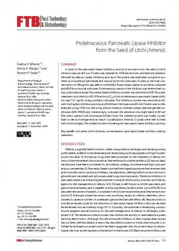 Proteinaceous pancreatic lipase inhibitor from the seed of Litchi chinensis / Sveeta V. Mhatre, Amita A. Bhagit, Raman P. Yadav.