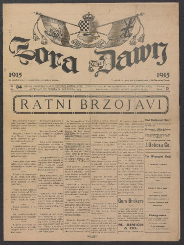 Zora : jedina hrvatska novina u cijeloj Australaziji = The Dawn : the only Croatian newspaper in all Australasia : 3, 34(1915).