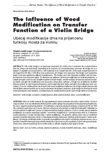 The influence of wood modification on transfer function of a violin bridge = Utjecaj modifikacije drva na prijenosnu funkciju mosta za violinu / Miran Merhar, Miha Humar.