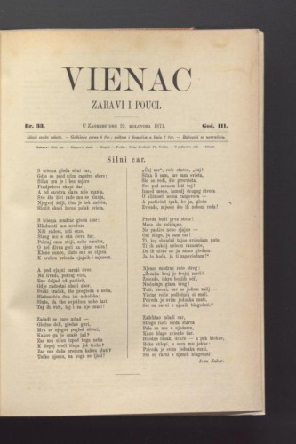 Vienac : zabavi i pouci. : 3,33(1871) / urednik Ivan Dežman.