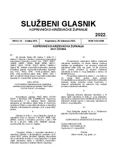 Službeni glasnik Koprivničko-križevačke županije : 30,24 (2022)   / glavni i odgovorni urednik Marina Jakšić.