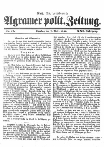 Agramer politische Zeitung : 21,19(1846) / Verlager und Redacteur Franz Stauduar.