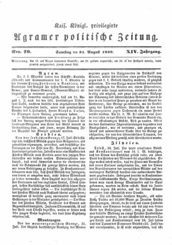Agramer politische Zeitung : 14,70(1839) / Verlager und Redacteur Franz Stauduar und Ferdinand Rosenau.