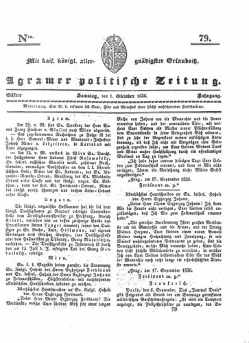 Agramer politische Zeitung : 11,79(1836) / Verlager und Redacteur Franz Stauduar und Ferd. Rosenau.